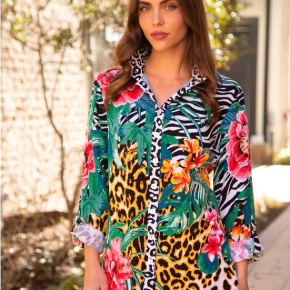 John Mark Boho Artsy floral animal Print Roll Tab Shirt Button Up Tunic  Sz S - Picture 2 of 7